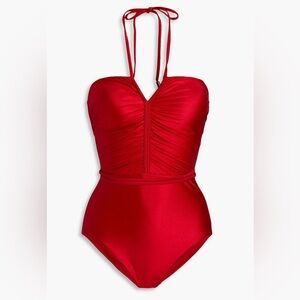 Zimmermann Red Ruched Halter One-Piece Swimsuit
